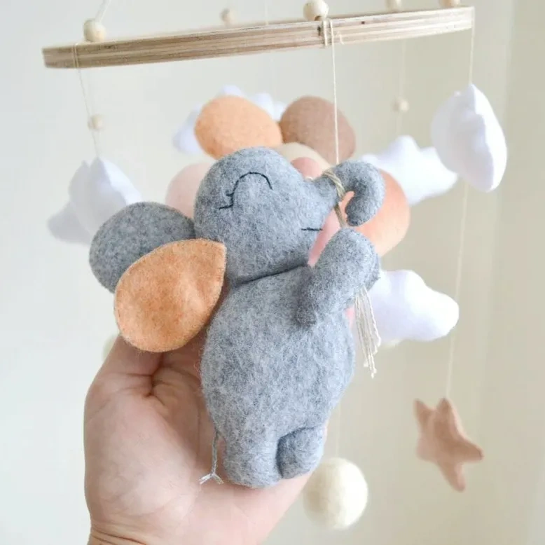 Custom made in china neutral nursery mobile pompoms pink & grey pastel decor felt nursery baby elephant mobile