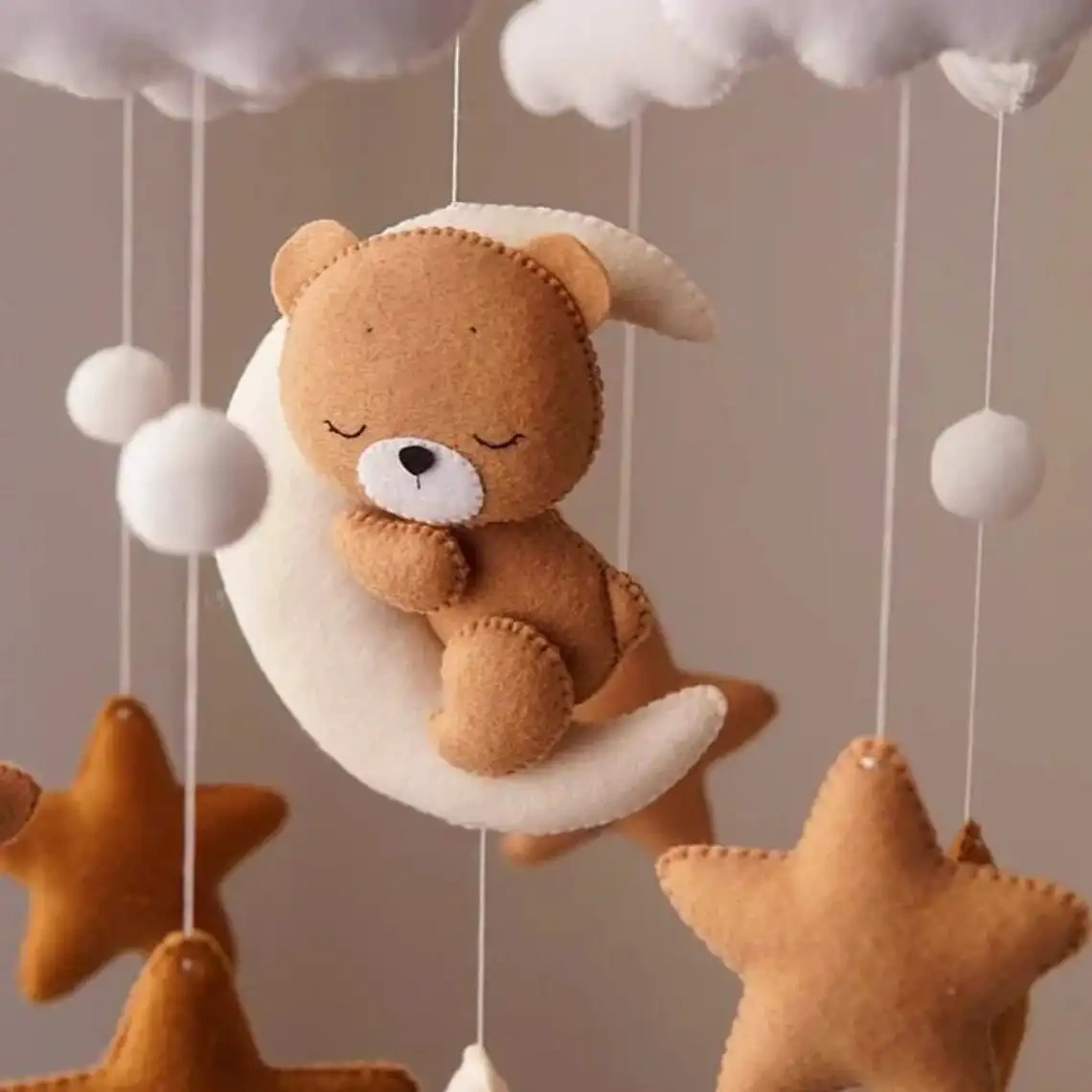 CE CPC hot selling 2023 stuffed sleepy moon bear hanging wool ball soft toys crib quran cot wooden felt baby mobiles with frame