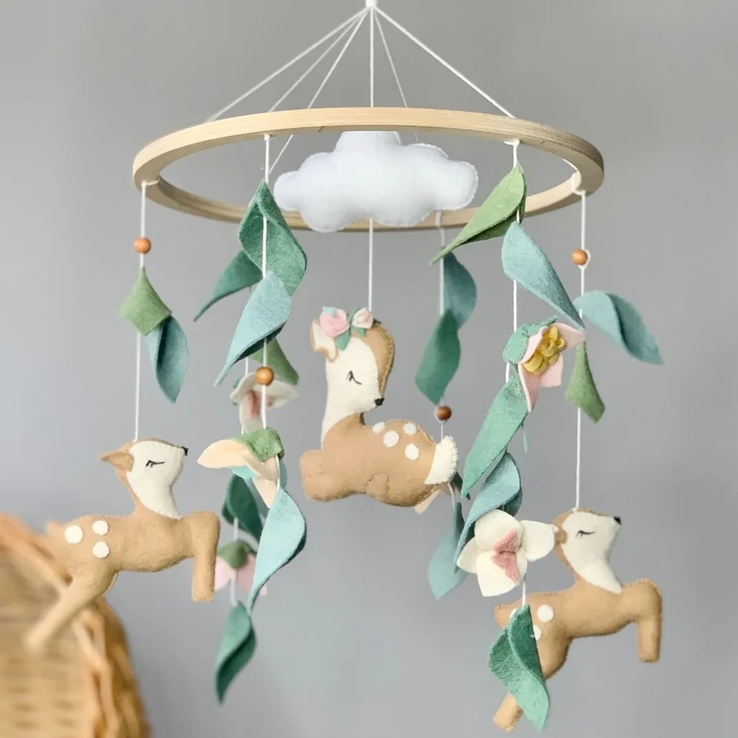 Customize three little deer flowers leave ceiling hanging decoration baby shower gift for new born stuffed toys baby cot mobile