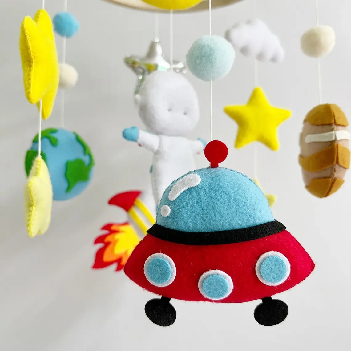 Colorful nordic astronaut outer space customize hanging nursery items eco soft plush felt boy toys baby mobiles