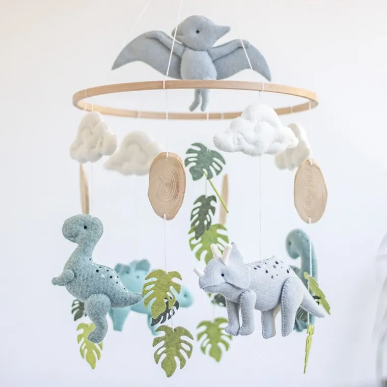 CE CPC baby products handmade stuffed dinosaur hanging wool ball soft toys wooden frame musical crib cot quran felt baby mobiles
