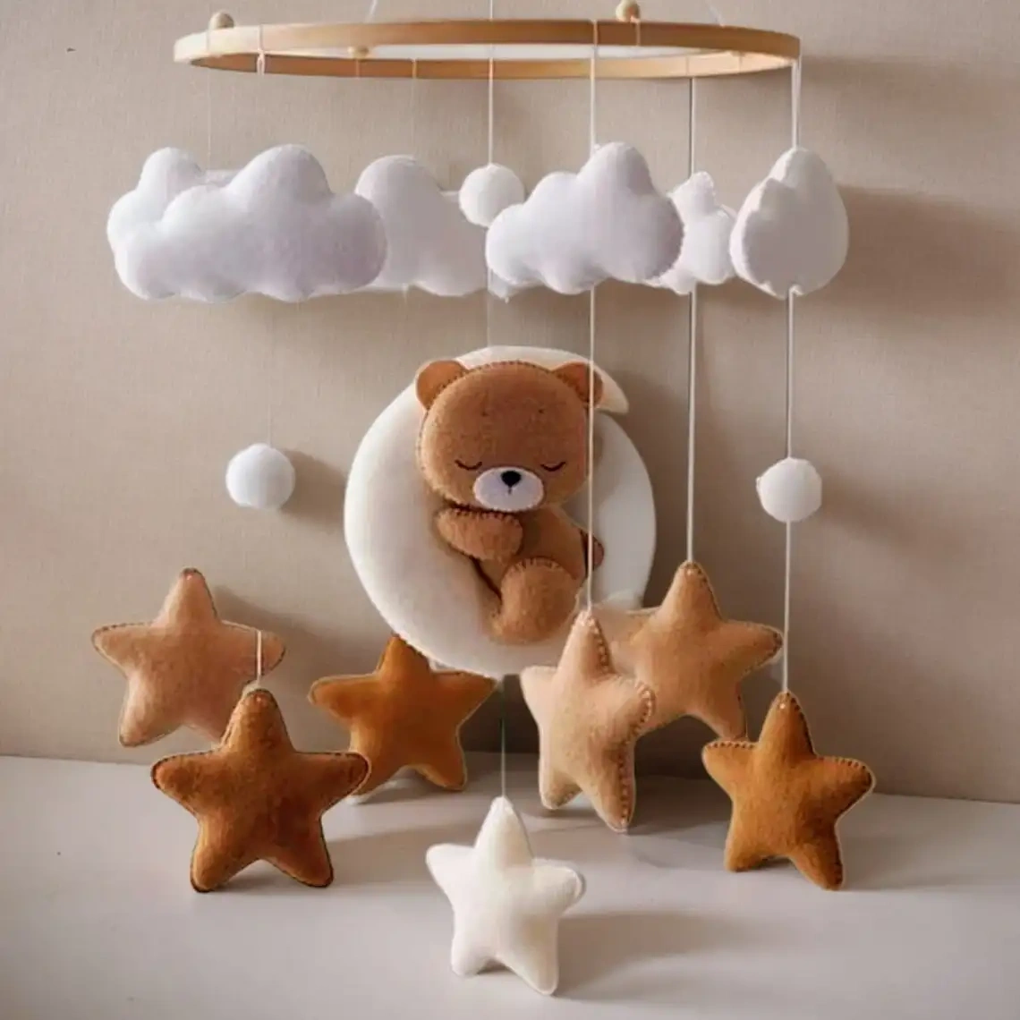 CE CPC hot selling 2023 stuffed sleepy moon bear hanging wool ball soft toys crib quran cot wooden felt baby mobiles with frame