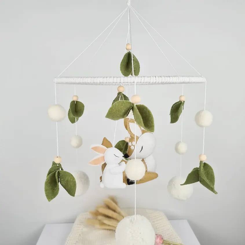 Chinese manufacture hand made Montessori kids deer and bunny soft hanging plush toy lull to sleep baby bed room cot mobile