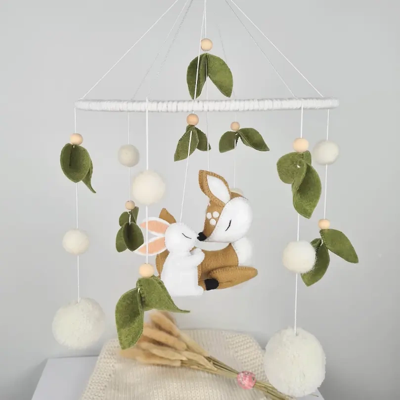 Chinese manufacture hand made Montessori kids deer and bunny soft hanging plush toy lull to sleep baby bed room cot mobile