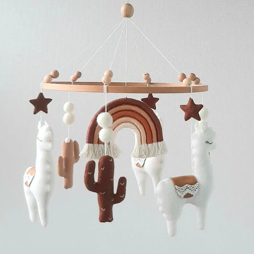 Small MOQ non-toxi box packing hand sewing soft hanging toys stuffed animals llama and cactus nursery crib baby mobile hanger