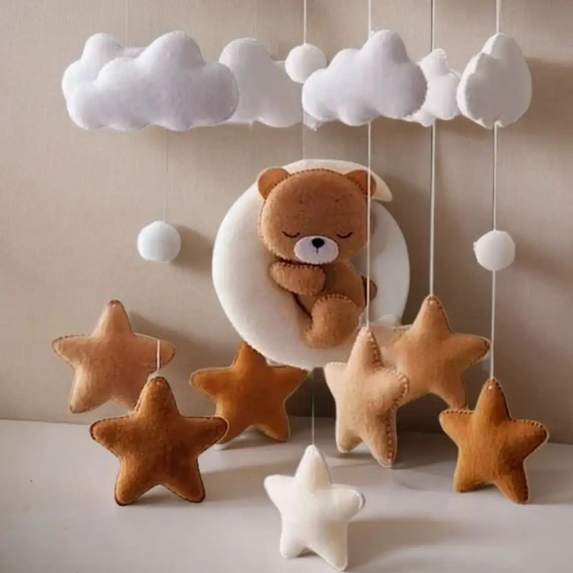 CE CPC hot selling 2023 stuffed sleepy moon bear hanging wool ball soft toys crib quran cot wooden felt baby mobiles with frame