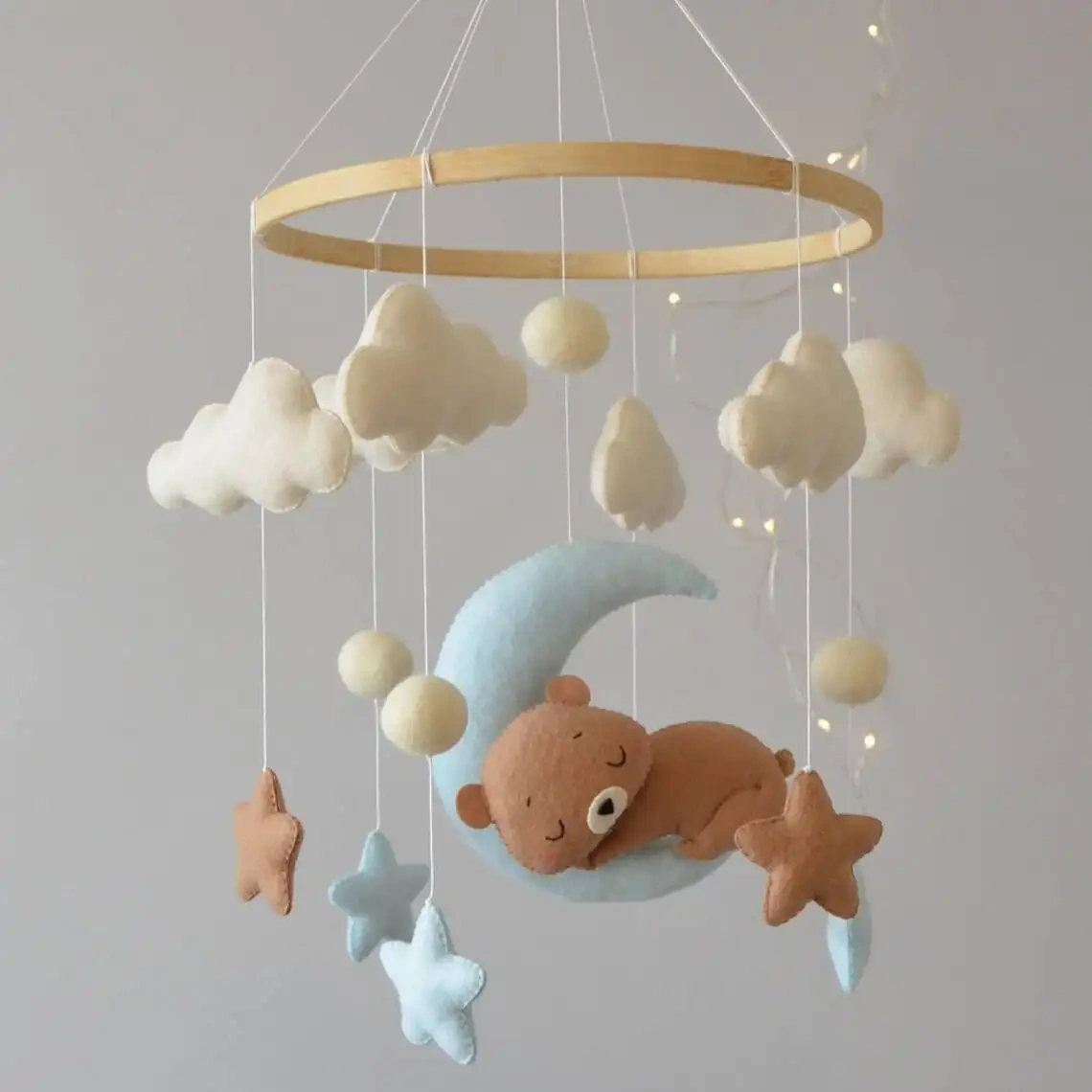 CPC CE handmade sleepy bear ball soft hanging toys safari musical nursery holz cot felt crib quran baby mobiles with frame