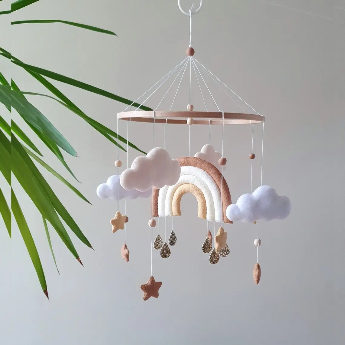 wholesale gender neutral newborn unisex nursery boho soft rainbow clouds toddler toys polyester felt cot baby mobile