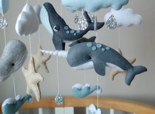 فكرة هدية حفل استقبال المولود الجديد على شكل حوت دولفين بحر أمواج محيط نجم البحر حوت معلق لعبة قطيفة لحضانة الأطفال مصنوعة من اللباد مع قوس قزح