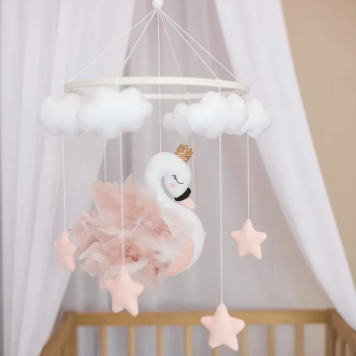 Hanging Swan Cloud Star Busy Nursery Felt Crib Baby Mobile