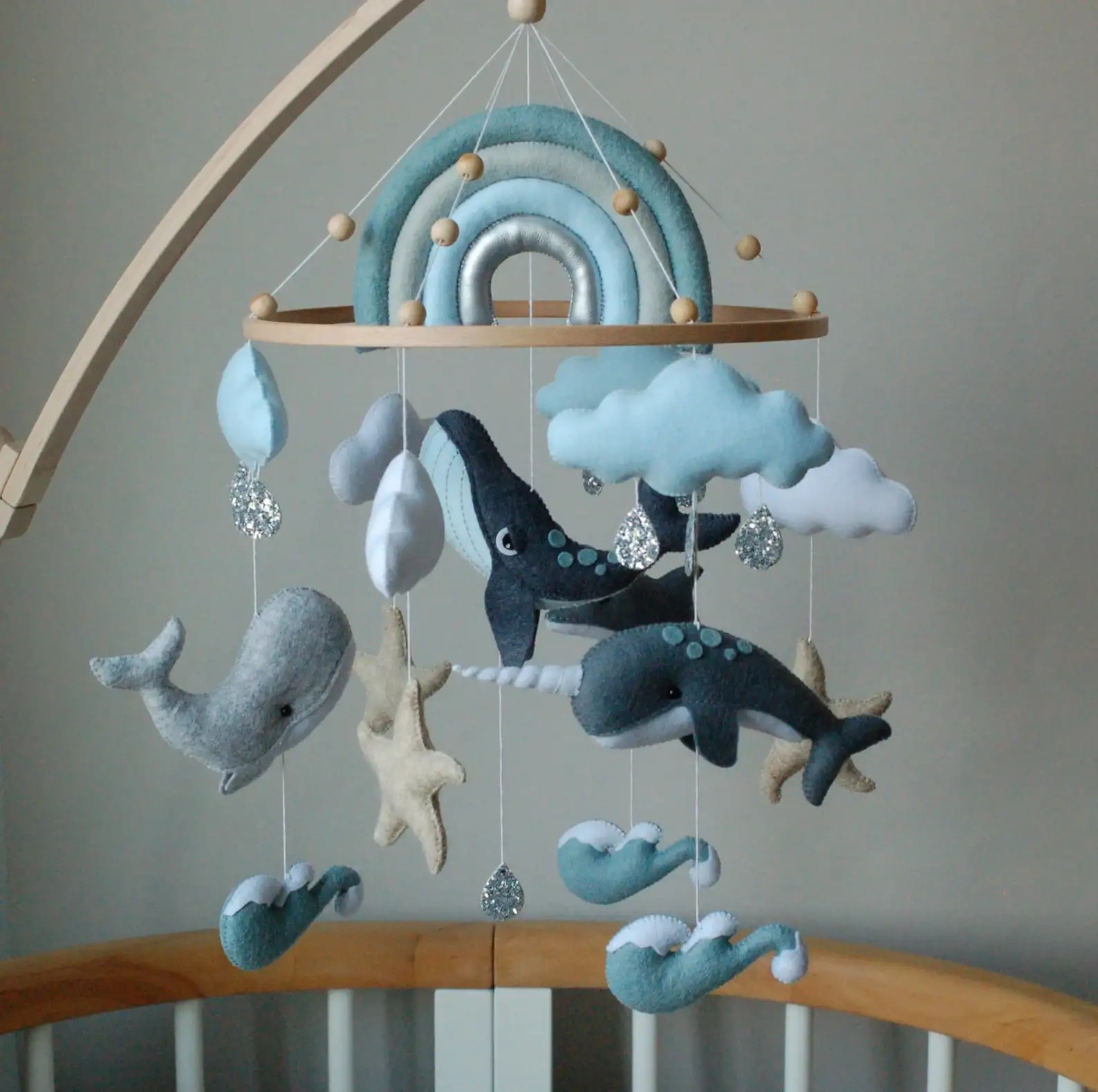 Baby shower gift idea narwhal dolphin sea ocean waves starfish hanging whale plush toy nursery baby felt mobile with rainbow