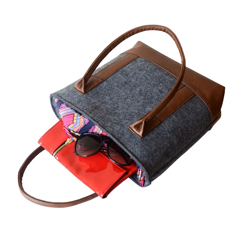 Custom Fashion Reusable Felt Shopper Bag with PU Handles