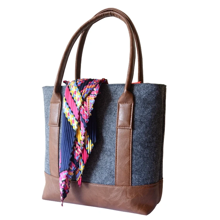 Custom Fashion Reusable Felt Shopper Bag with PU Handles