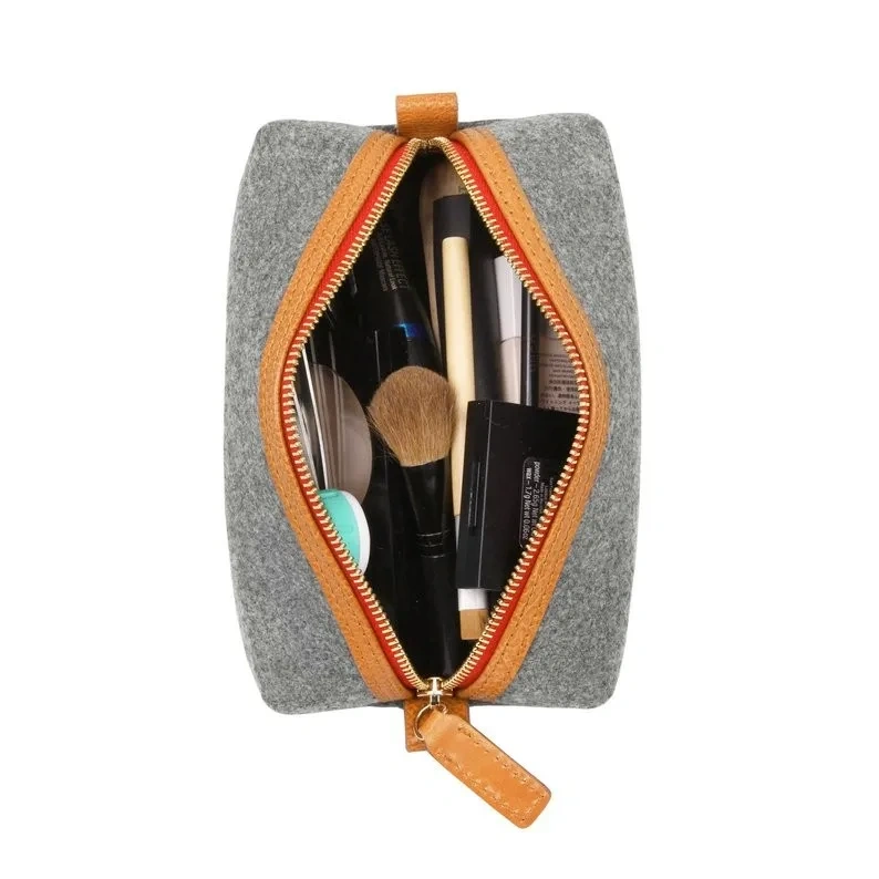 Bridesmaid gift leather zipper japanese small professional portable felt beauty travel bag makeup cosmetic case