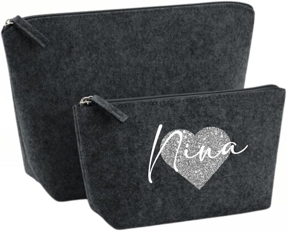 Personalised unisex 5 multiple color make up felt cosmetic bag with name and heart for women ideal gift