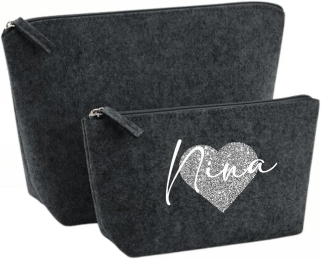 Bolsa de cosméticos de feltro de maquiagem unissex personalizada com 5 cores e nome e coração para mulheres, presente ideal