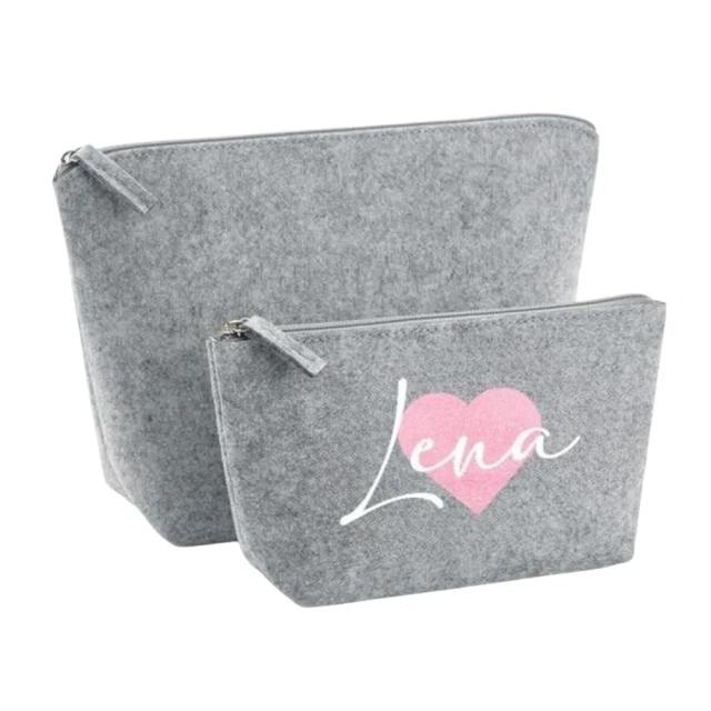 Bolsa de cosméticos de feltro de maquiagem unissex personalizada com 5 cores e nome e coração para mulheres, presente ideal
