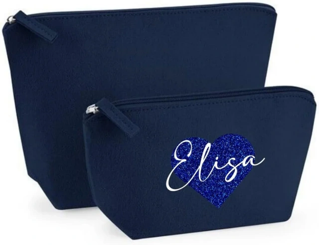 Bolsa de cosméticos de feltro de maquiagem unissex personalizada com 5 cores e nome e coração para mulheres, presente ideal