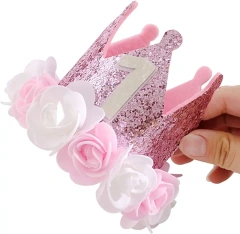 Chapéu de coroa de feltro rosa com glitter personalizado para festa de aniversário