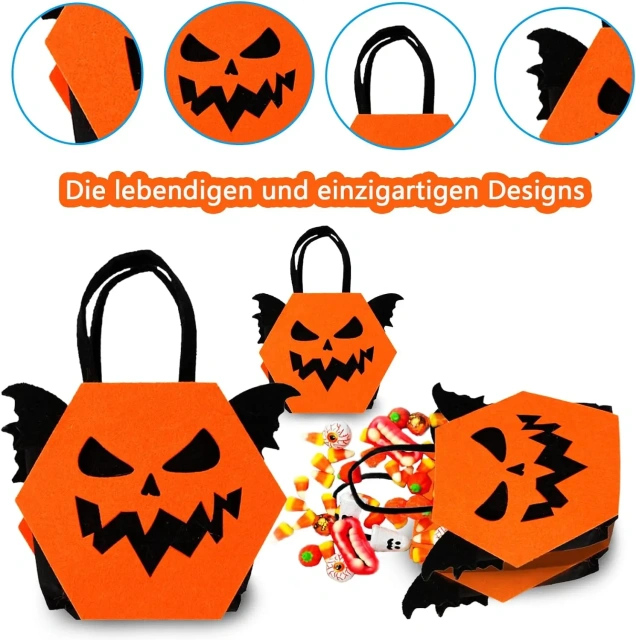 سلة حلوى الهالوين المصنوعة من اللباد على شكل يقطين مخيف للأطفال