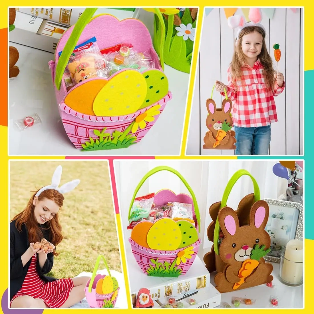BSCI low MOQ wholesale Easter decoration party novelties chick egg hunt baskets felt Easter bunny candy gift bags for kids
