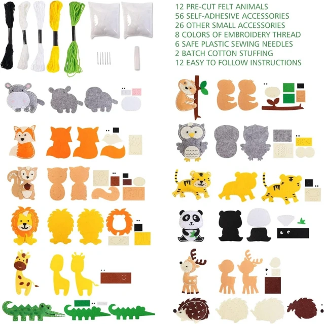 Kit de costura de fieltro para manualidades y manualidades para niños, S12, animales del bosque