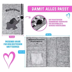 Bolsa de feltro de elefante bordado personalizado para registro de maternidade com cordão elástico e contas de coração