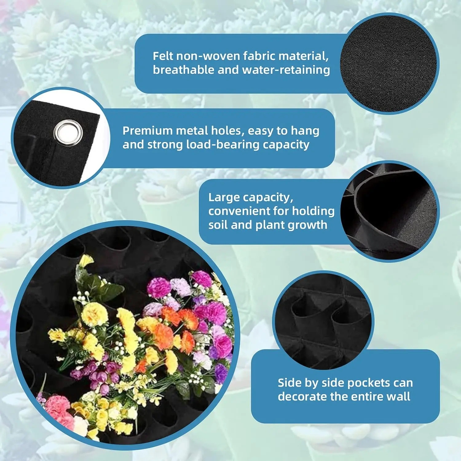 2024 new custom 64 pockets hanging vertical wall mounted herb garden plant growing bag greening artificial flower container