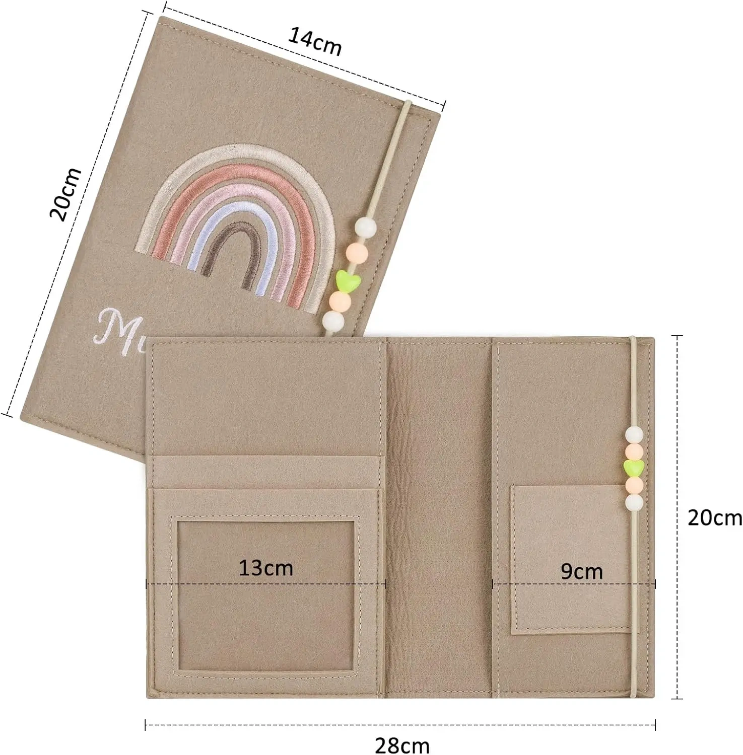 Custom Beige Rainbow Felt Mutterpass Cover with Keychain