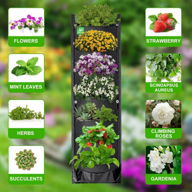 vente en gros de différentes tailles polyvalentes 7 poches extérieures verticales suspendues au mur jardinière verte conteneurs de plantes supports de jardin