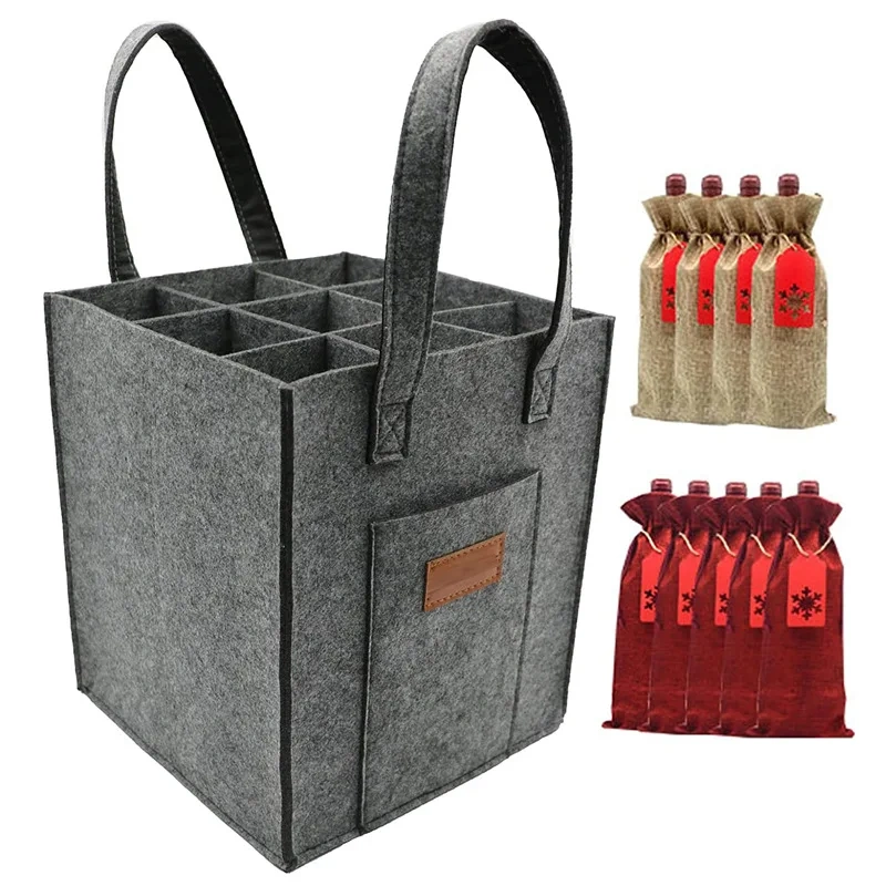 9 Bottles Wine Carrier Tote Reusable Grocery Bags for Travel Camping and Picnic Perfect Wine Lover Gift Felt Wine Bottle Bag