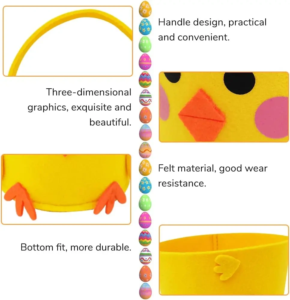 Children's Easter Themed Decoration Felt Easter Chick Egg Hunt Baskets with Handle Easter Candy Gift Tote Bag