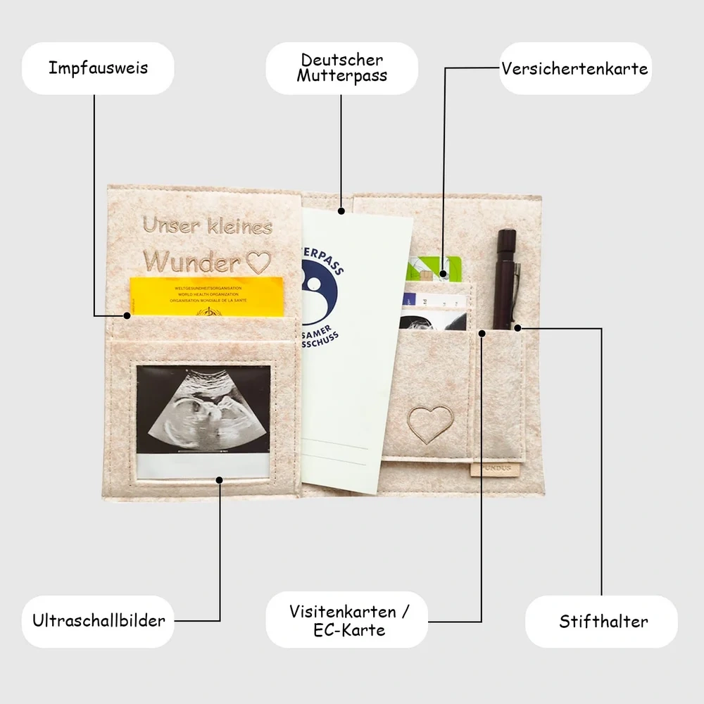 Custom Embroider Beige Felt Maternity Log Mutterpass Cover Bag with String Heart Silicone Beads