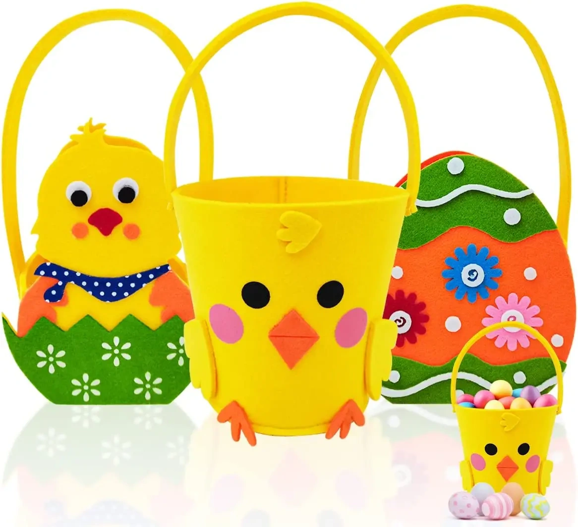 Children's Easter Themed Decoration Felt Easter Chick Egg Hunt Baskets with Handle Easter Candy Gift Tote Bag