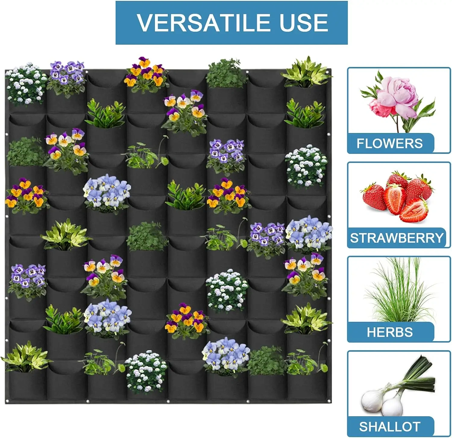 2024 new custom 64 pockets hanging vertical wall mounted herb garden plant growing bag greening artificial flower container
