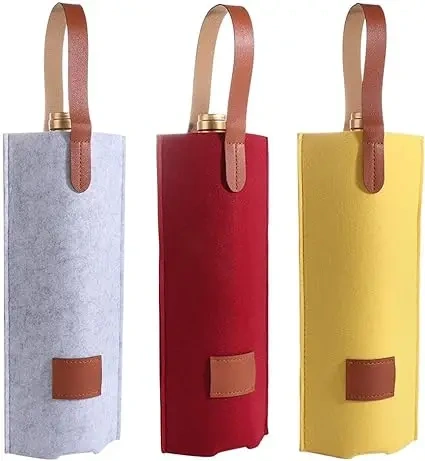 Cheap Wine Carrier Bag with Leather Handle Single Felt Bottle Wine Bag for Party Wedding Gift Travel Picnic Housewarming Dinner