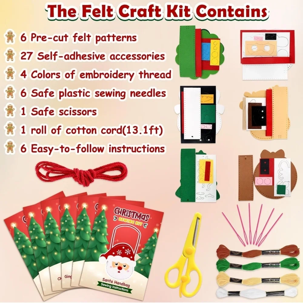 Flash Sale 6pcs christmas preschool educational toddlers sewing felt bag diy kit set for Xmas holiday activity gift