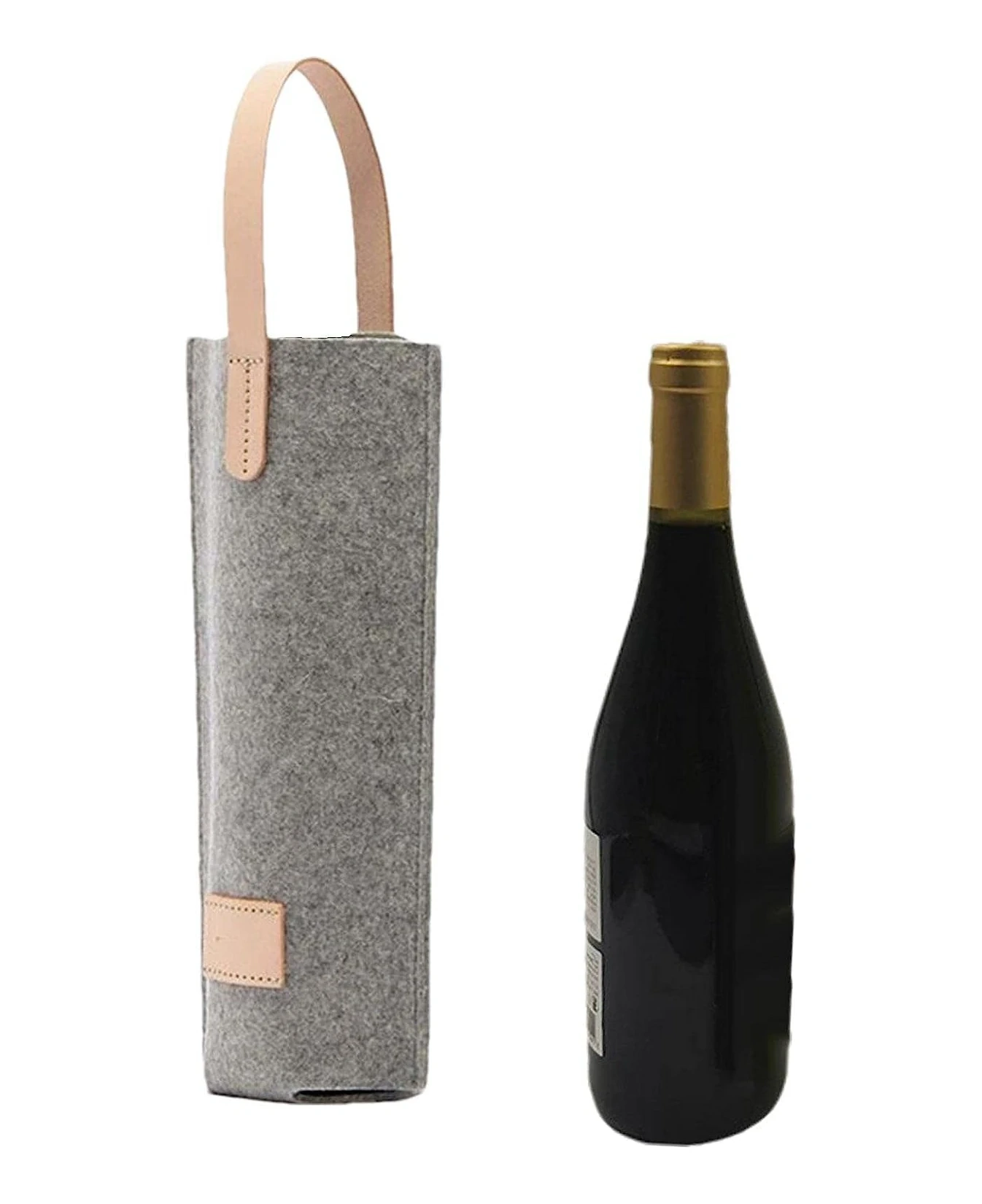 Padded leather handle custom felt non woven wine bottle carrier tote bag for shopping wedding birthday dinner parties