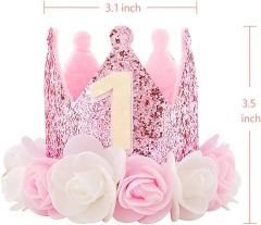 Chapéu de coroa de feltro rosa com glitter personalizado para festa de aniversário
