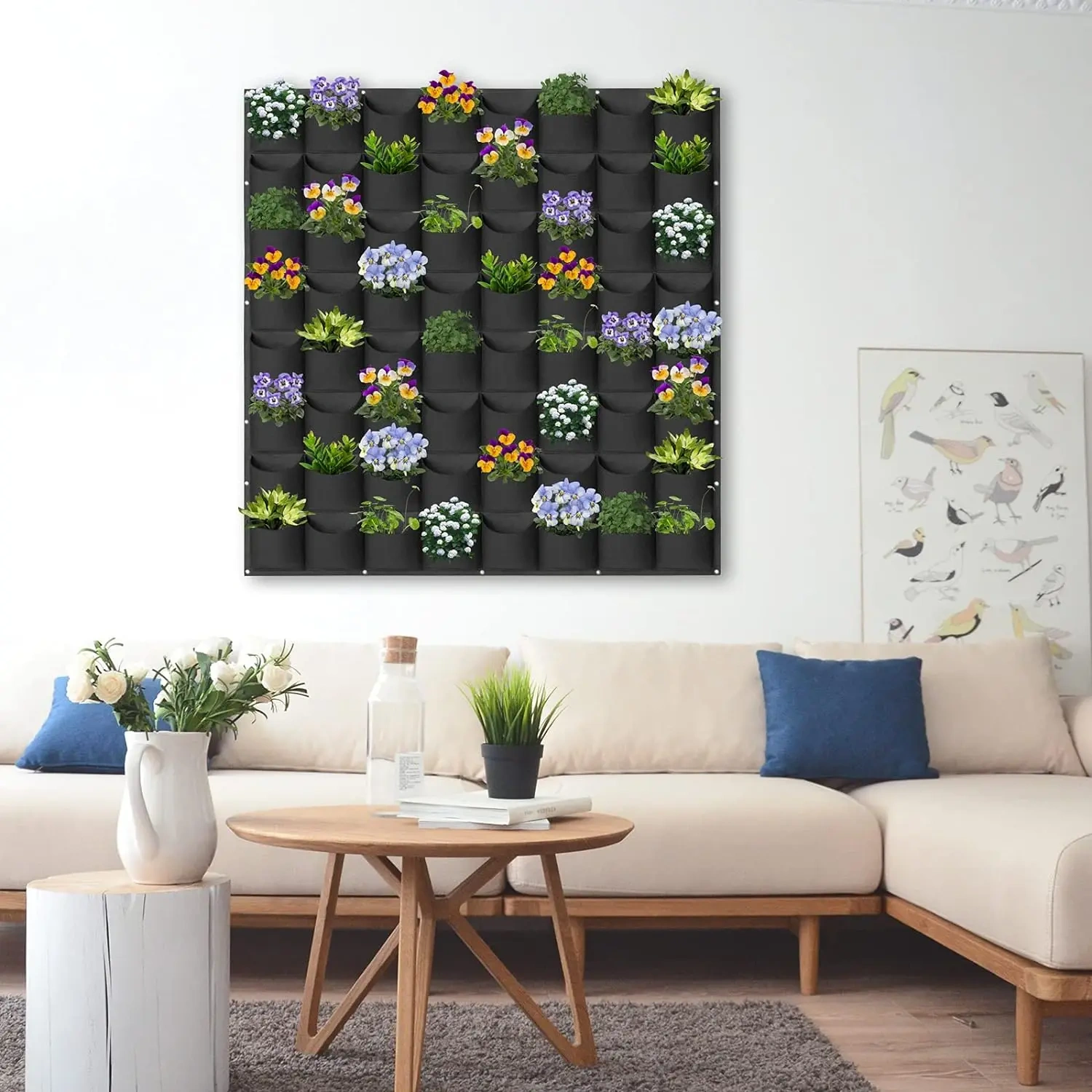 2024 new custom 64 pockets hanging vertical wall mounted herb garden plant growing bag greening artificial flower container