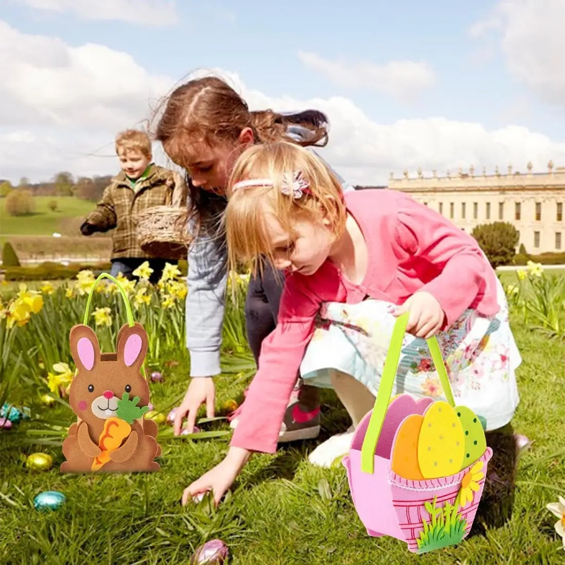 BSCI low MOQ wholesale Easter decoration party novelties chick egg hunt baskets felt Easter bunny candy gift bags for kids