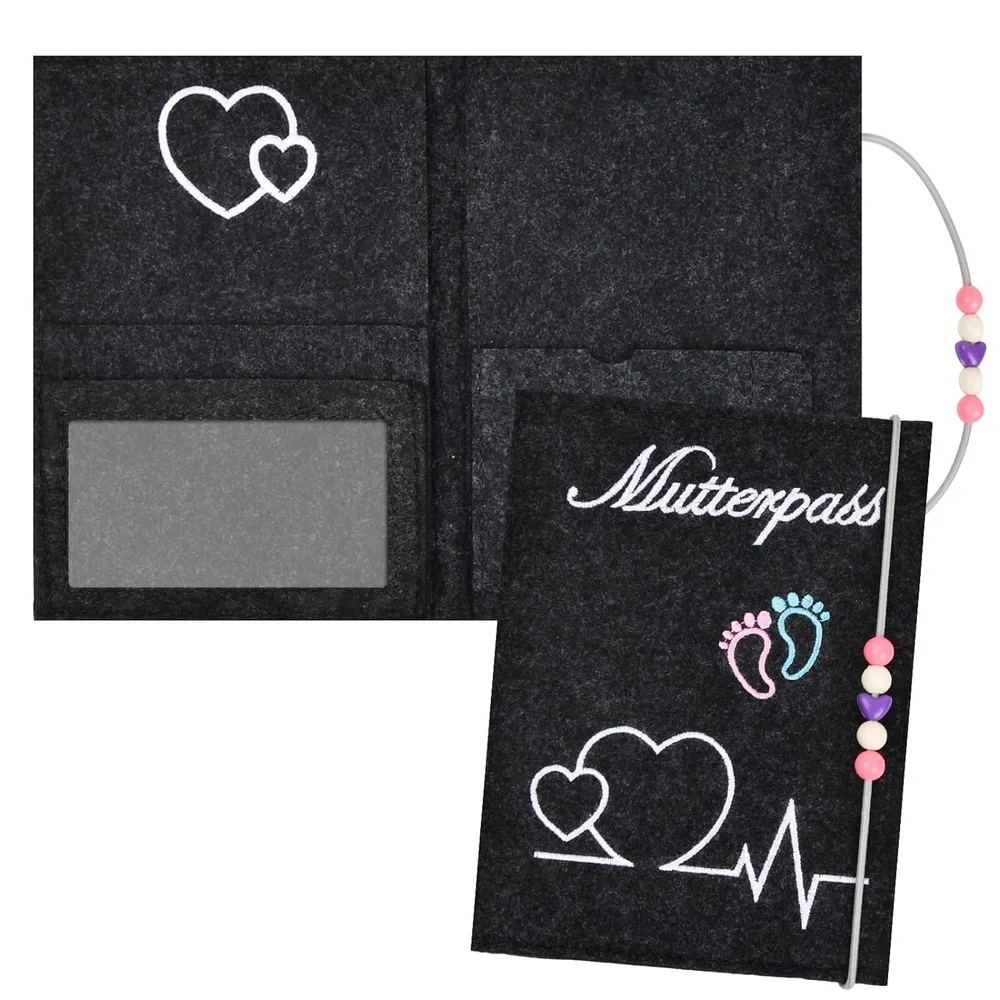 German Maternity Log Cover Felt Protective Mutterpass Bag with Elastic String & Beads
