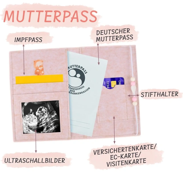 حقيبة Mutterpass المصنوعة من اللباد بألوان قوس قزح مطبوعة حسب الطلب مع حبات على شكل قلب من الخيوط المرنة