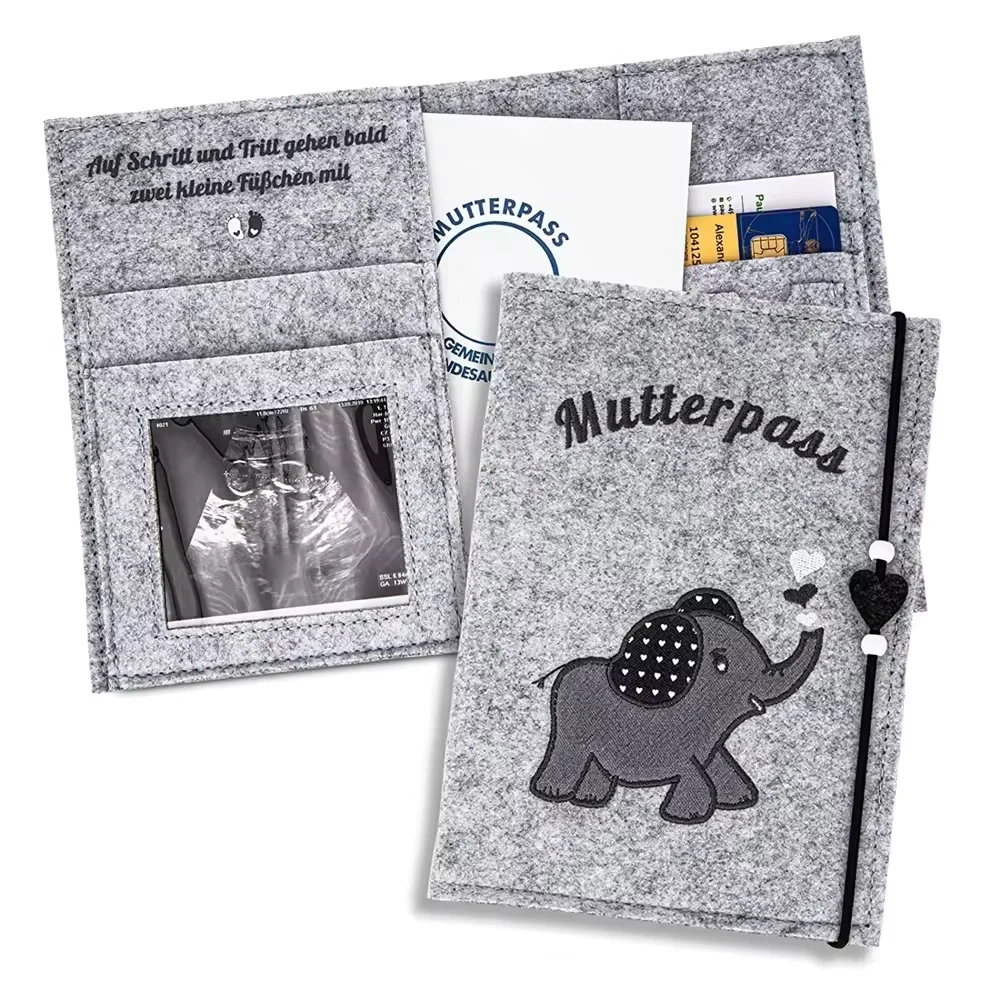 Custom Embroider Elephant Felt Maternity Log Pass Cover Bag with Elastic String Heart Beads