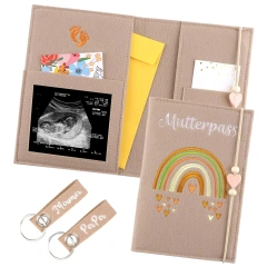 porta-documentos personalizado feito à mão, de feltro bege, protetor, porta-documentos, maternidade, capa para passaporte com chaveiros