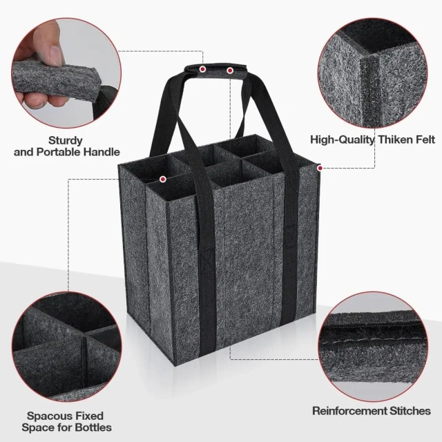 échantillon gratuit en gros personnalisé 27x18x27cm refroidisseur de bière fourre-tout 6 transporteurs sacs pour bouteilles d'eau sacs à vin en feutre gris pour bouteilles de vin