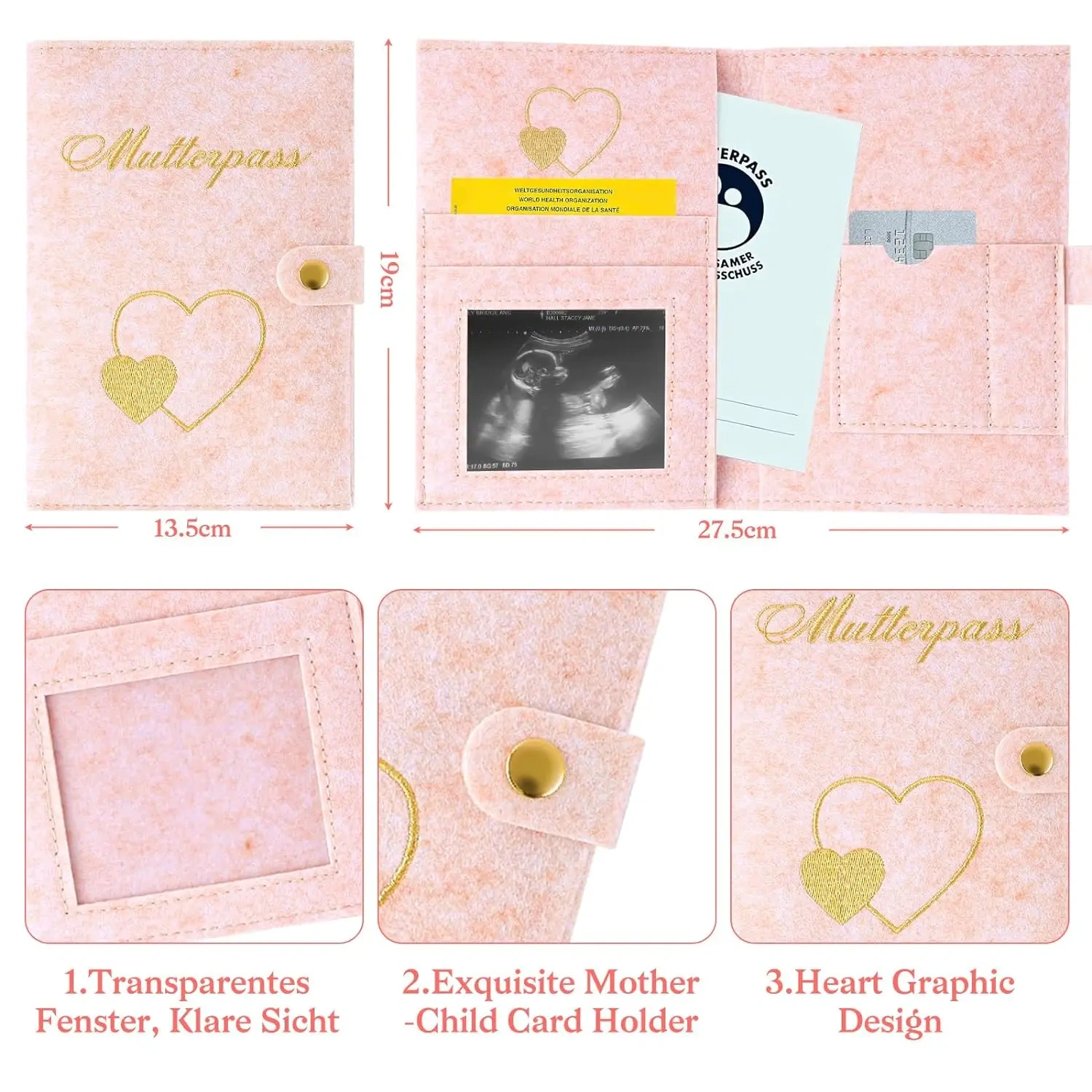 Custom Golden Embroider Heart Felt Mutterpass Cover Bag with Snap Button