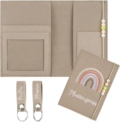 غطاء Mutterpass مصنوع من اللباد بلون قوس قزح بيج مخصص مع سلسلة مفاتيح