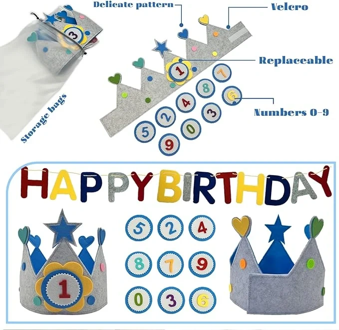 Custom 0-9 Years Old Reusable Felt Birthday Party Crown Hat