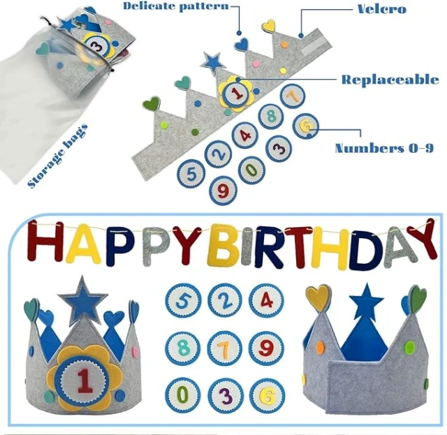 Sombrero de corona de fieltro reutilizable personalizado para fiesta de cumpleaños de niños de 0 a 9 años